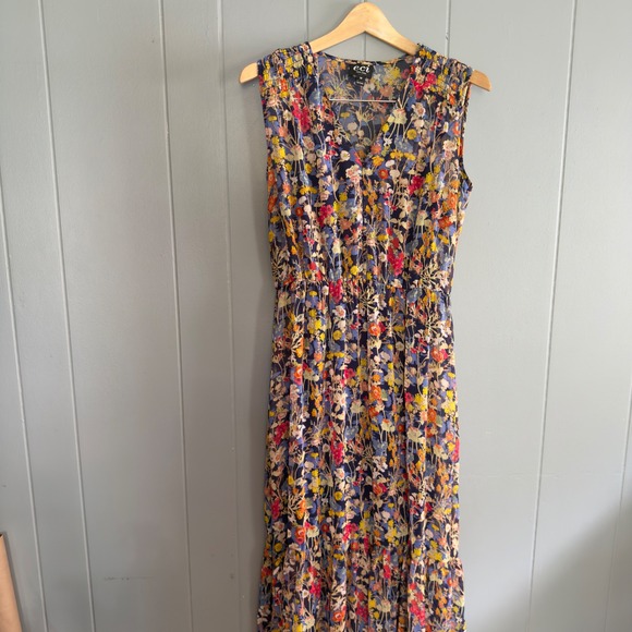 ECI New York floral sleeveless pleated maxi dress M lined navy‎ multicolor - Picture 1 of 11